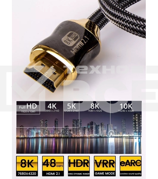 Кабель HDMI 19M/M,ver. 2.1, 8K@60 Hz 2m метал разъемы, нейлоновая оплетка Telecom <TCG300-2M>