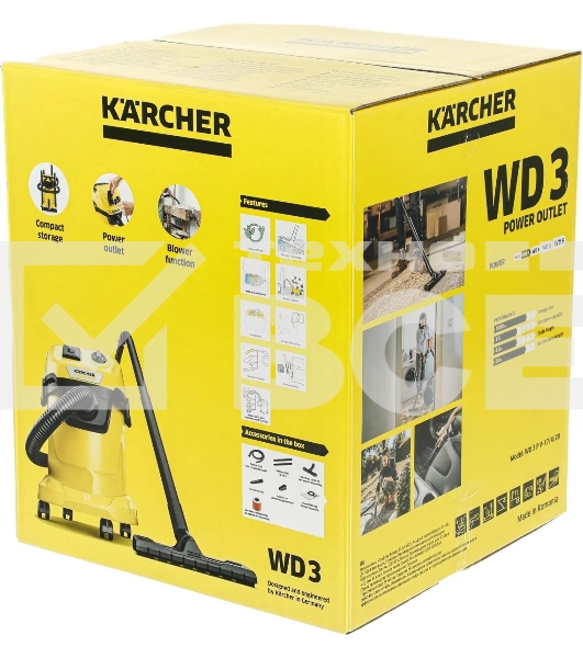 Строительный пылесос Karcher WD 3 P V-17/4/20 желтый, 1000 Вт, уборка сухая/сбор воды, пылесборник мешок/контейнер, 17 л