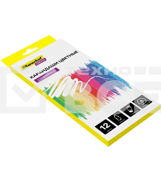 Карандаши цветные Silwerhof Create 3мм, шестигранный профиль, пластик, ассорти, 12 цветов, коробка с европодвесом ластик