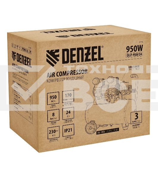 Компрессор безмасл. малошумный Denzel DLP-950/24, 950 Вт, 24 л, 2850 об/мин, 170 л/мин