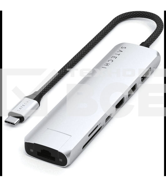 Док-станция (USB-хаб) Satechi ST-P7SS 7-in-1 USB-C Slim Multiport Adapter with Ethernet (Type-C,HDMI, 2xType-A, SD,microSD, RJ-45), до 80 Вт серебристый