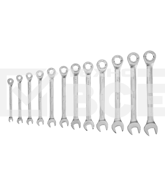 Набор ключей комбинированных трещоточных Denzel 6-19 мм, 12 шт., CrV, матовый хром 14722