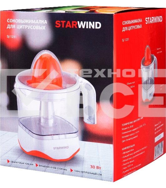 Соковыжималка цитрусовая Starwind SJ 1231 30Вт рез.сок.:1мл. оранжевый/прозрачный
