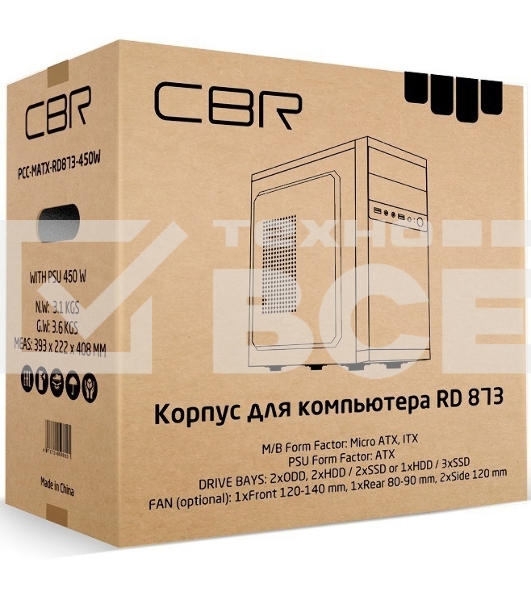 Компьютерный корпус mATX Minitower RD873, c БП PSU-ATX450-12EC, 2*USB 2.0, HD Audio+Mic, Black CBR PCC-MATX-RD873-450W