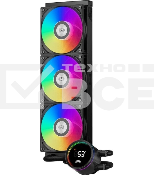 Система охлаждения PCCooler DA360 Pro ARGb Digital BK (300W, 360мм, LED temp., Black, ARGb/Fans: 3x120мм, 75.8CFM, 33.7dBA, 2200RPM/Pump height 57мм, 28dBA, 3000RPM, Rad thickness 27мм/S: 1851, 1700, 1200, 20XX, 115X, AM5, AM4)