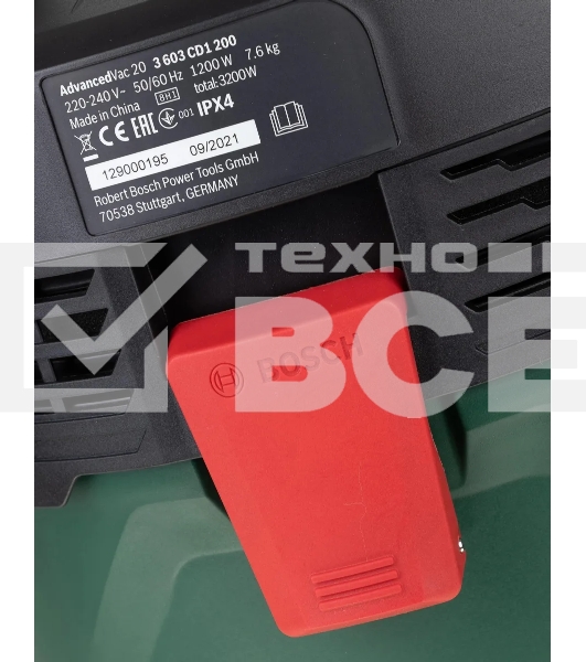 Строительный пылесос Bosch AdvancedVac20 зеленый, 300/1200 Вт, уборка сухая/влажная, пылесборник мешок/контейнер, 20 л