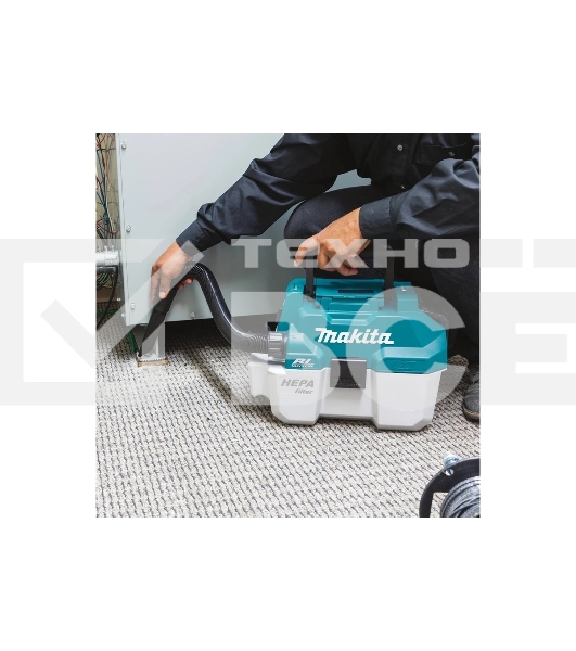 Строительный пылесос Makita DVC750LZ синий, питание от аккумулятора, уборка сухая/влажная, пылесборник контейнер, 7.5 л