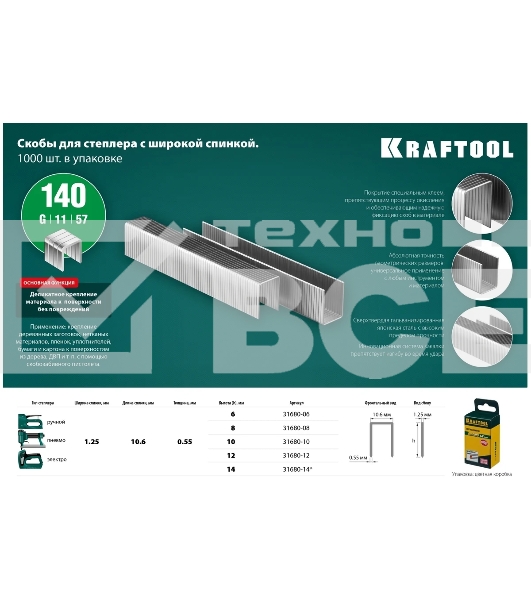 Скобы для степлера KRAFTOOL 14 мм широкие тип 140, 1000 шт