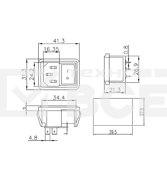 Выключатель клавишный 250V 10А (4с) ON-OFF красный с подсветкой и штекером C14 3PIN Rexant