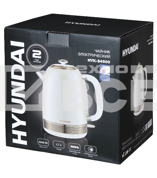 Чайник электрический Hyundai HYK-S4500 1.7 л, 2200 Вт, жемчужный/золотистый (корпус: нержавеющая сталь/пластик)