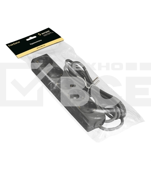 Удлинитель ExeGate ECE-5-5B (EX285825RUS), черный, 5 м, евровилка с заземлением, 5 евророзеток с заземлением, 2200 Вт