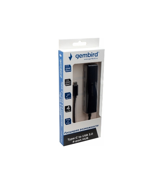 USB-концентратор Gembird UHB-C364, USB 3.0, USB 4 порта, USB Type-C / с доп питанием