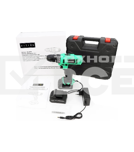 Дрель-шуруповерт Zitrek Greenpower 12-Li 063-4074, Аккумуляторная, 12В, 2 АКБ, Кейс