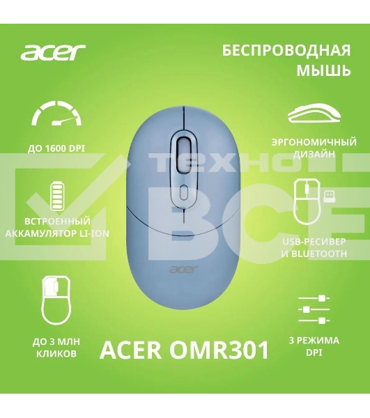Мышь беспроводная Acer OMR301 синий, 1600 dpi, радиоканал, Bluetooth, USB, кнопки - 4