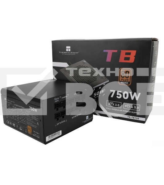 Блок питания Thermalright, 750W 80+ Bronze (ATX, 3.0, PCIe 5.0, Full modular, 1x24(20+4)pin, 2xCPU 8(4+4)pin, 4xPCIe*2 8(6+2)pin, 3xSATA3, 1x12+4pin (12VHPWR PCIe 5.0 12+4pin 600mm), 3xMOLEX4pin, Active, 120x120mm, 150x140x86mm, APFC, black)