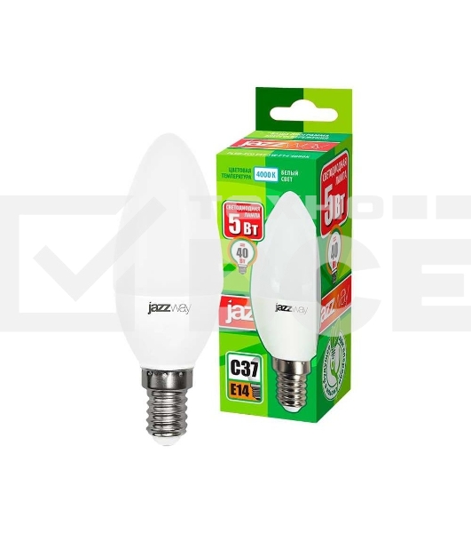 Лампа светодиодная JazzWay PLED-ECO-C37 5Вт свеча 4000К белый E14 400лм 220-240В