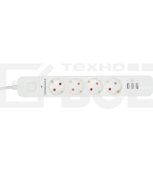 Сетевой фильтр Гарнизон 2.0 Мультипорт EPS-4-U3-W-2, 4 р, 10А, 3xUSB, 2м, ур.защиты 2+, белый, пакет