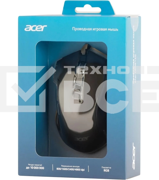 Мышь проводная Acer OMW150 черный, 4800 dpi, USB, кнопки - 8