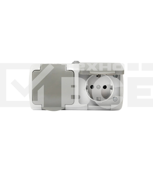 Розетка EKF Мурманск EFR16-129-30-54 2-местная 16А с заземлением с крышкой IP54 серый с защитными шторками