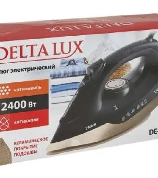 Утюг DELTA LUX DE-3007 черный/золотой, 2400 Вт, 30 г/мин, 150 г/мин, 220 мл