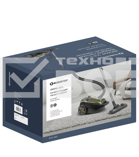 Пылесос Eurostek EVC-3511 хаки, 500/2800 Вт, уборка сухая, пылесборник мешок, 3.5 л