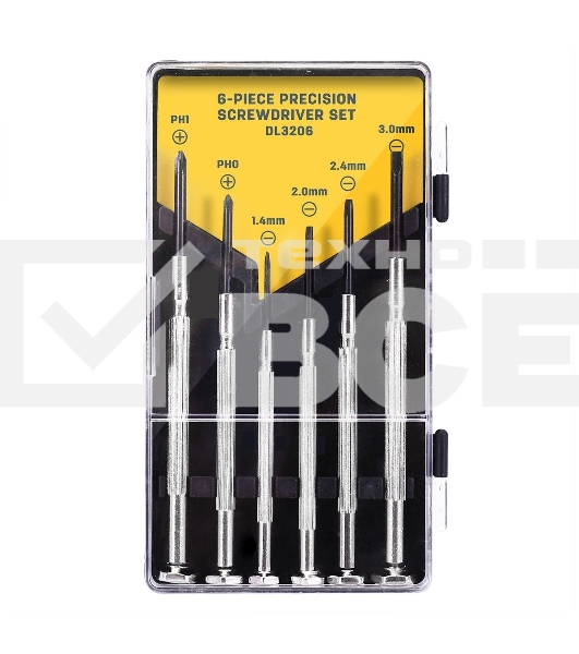 Набор прецизионных отвертокDeli DL3206 6 шт Набор прецизионных отверток из 6 предметов: 2 шт. Philips: PH1, PH04 шт. Шлиц: 1,4 мм, 2,0 мм, 2,4 мм, 3,0 мм. Cr-V. Черная отделка.