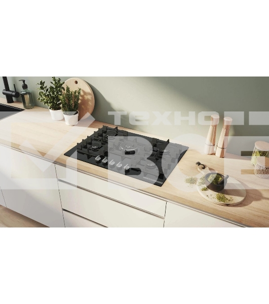 Газовая варочная панель Bosch PPQ7A6I45, 75 см, закаленное стекло, черная, 5 конфорок, 1 WOK-конфорка c 2 контурами пламени, 1 конфорка повышенной мощности, FlameSelect, индивидуальные чугунные решетки, газ-контроль, автоматический электроподжиг, сделано в Испании