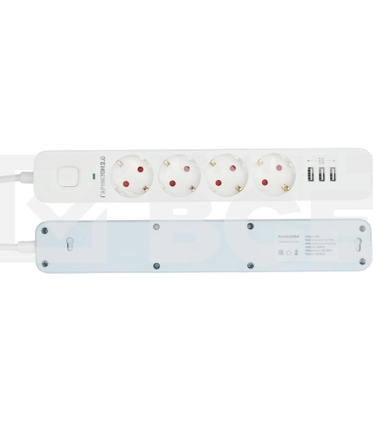Сетевой фильтр Гарнизон 2.0 Мультипорт EPS-4-U3-W-2, 4 р, 10А, 3xUSB, 2м, ур.защиты 2+, белый, пакет