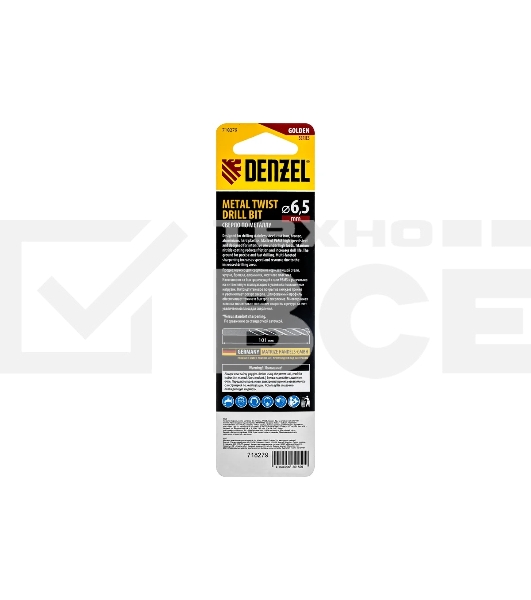 Сверло спиральное по металлу Denzel 6,5 x 93мм, Р6М5, Golden Tip, многогранная заточка