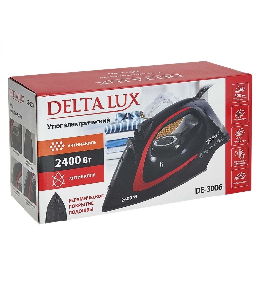 Утюг DELTA LUX DE-3006 черный/красный, 2400 Вт, 30 г/мин, 150 г/мин, 300 мл