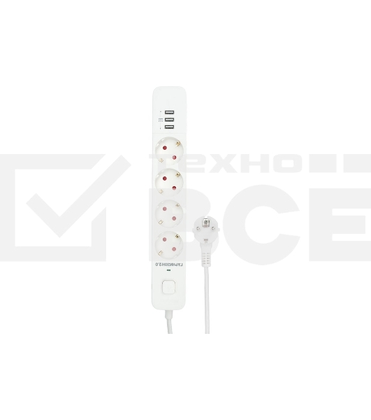 Сетевой фильтр Гарнизон 2.0 Мультипорт EPS-4-U3-W-2, 4 р, 10А, 3xUSB, 2м, ур.защиты 2+, белый, пакет