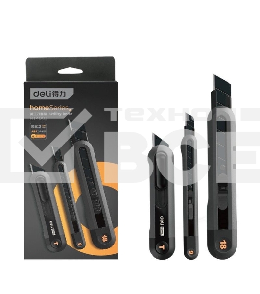 Набор технических ножей Home Series черный Deli HT4003 (ножи 9мм+18мм+Т-образный), эксклюзивный дизайн, корпус из высококачественного софттач пластика