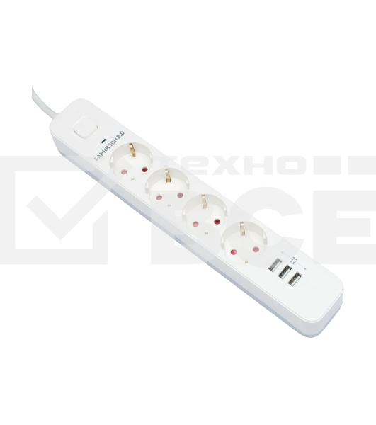 Сетевой фильтр Гарнизон 2.0 Мультипорт EPS-4-U3-W-2, 4 р, 10А, 3xUSB, 2м, ур.защиты 2+, белый, пакет