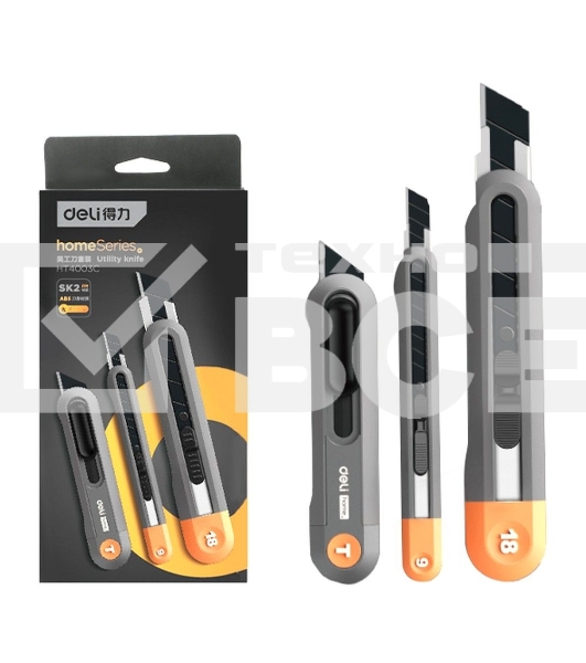 Набор технических ножей Home Series Gray Deli HT4003C (ножи 9мм+18мм+Т-образный), эксклюзивный дизайн, корпус из высококачественного софттач пластика