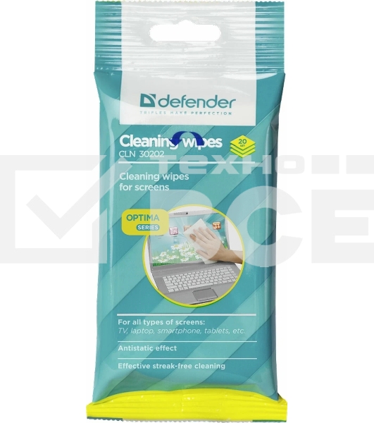 Чистящие салфетки Defender CLN 30202 ECO для экранов всех типов мягкая упаковка / 20 шт / Россия.