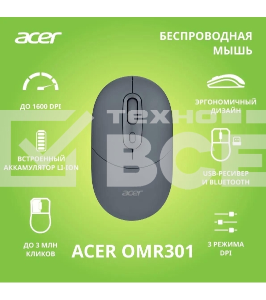 Мышь беспроводная Acer OMR301 черный, 1600 dpi, радиоканал, Bluetooth, USB, кнопки - 4