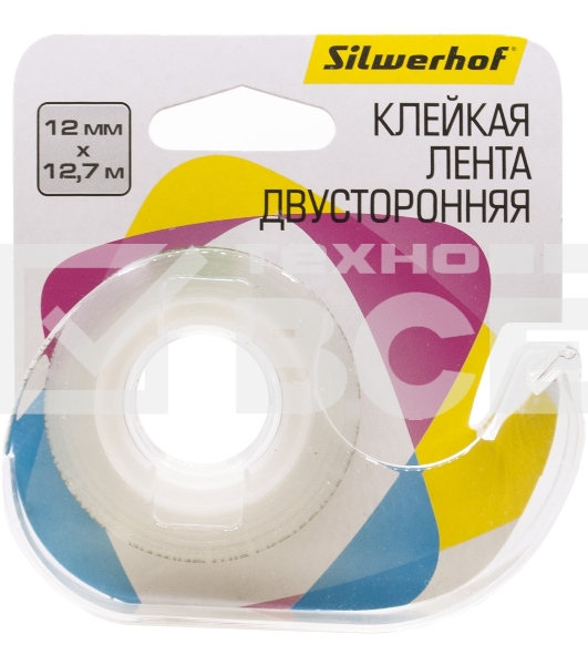 Клейкая лента двухсторонняя Silwerhof прозрачная, ширина 12мм, длина 12.7м полипропилен на диспенсере