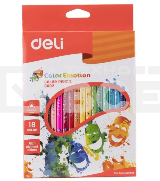 Карандаши цветные Deli Color Emotion EC00210, трехгранный профиль, липа, 18 цветов, коробка с европодвесом