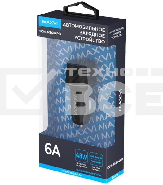 Автомобильное зарядное устройство Maxvi CCM-MS604PD 48W 6A (USB + Type-C, QC3.0 PD3.0) черный