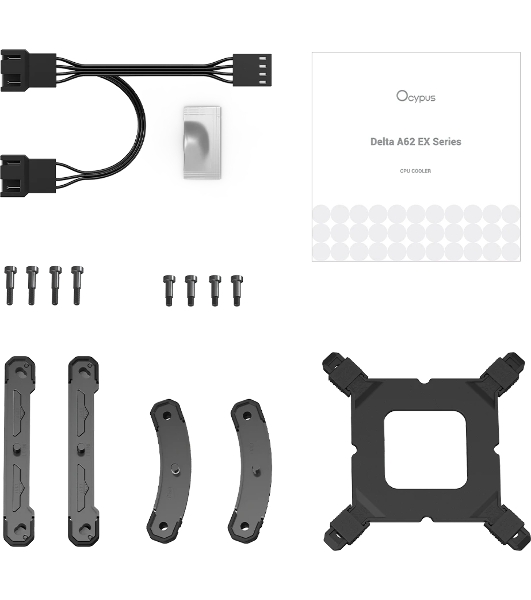 Кулер для процессора CPU Cooler Ocypus Delta A62 EX BK Digital (250W, 4-pin PWM, LED temp., 160mm, Al/Cu, 6x6mm, 2x120mm, 70CFM, 31dBA, 1800RPM, S: 1851/1700/1200/115X, AM5/AM4, black)