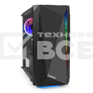 Компьютерный корпус Minitower ExeGate Mistery R2-NPX600 (mATX, БП 600NPX с вент. 12 см, 2*USB+1*USB 3.0, аудио, черный, 1 вент. 12см с RGb подсветкой и полоса на передней панели, боковая панель - закаленное стекло)