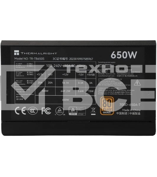 Блок питания Thermalright TR-TB650S 650W 80 PLUS Bronze, (ATX, 3, Non-modular, 1x24(20+4)pin 550mm, 1xCPU*2 8(4+4)pin 600+150mm, 1xPCIe*2 8(6+2)pin 500+150mm, 1xSATA*3+MOLEX4pin*1 400+150+150+150mm, 1xSATA*2+MOLEX4pin*2 400+150+150+150mm, Active, 120x120m