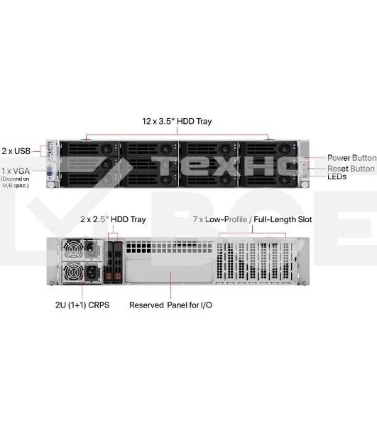 Серверный корпус Ablecom 2U CS-R29-04P E-ATX, ATX, Micro-ATX, Mini-ITX MBs; 12 x 3.5'' hs + 2 x 2.5'' hs rear; 800 Wt CRPS(1+1); no rails