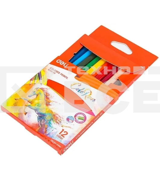 Карандаши цветные Deli EC00400 ColoRun, трехгранный профиль, тополь, 12 цветов, коробка с европодвесом
