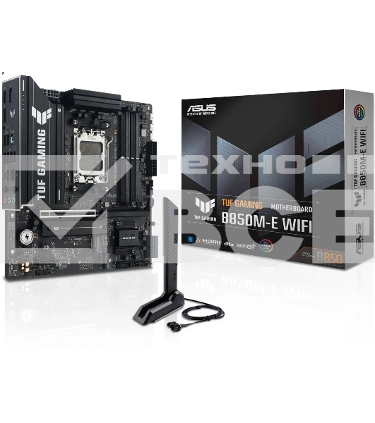 Материнская плата ASUS TUF GAMING B850M-E WIFI, AM5, AMD B850, 4xDDR5, 4xSATA, 3xM.2, 1xPCIe 5.0 x16, 1xPCIe 3.0 x1, 1xHDMI, 2xDP, 1x2.5Gb LAN, Wi-Fi 6E, Bluetooth 5.3, 1xUSB-C 10Gbps, 1xUSB-A 10Gbps, 2xUSB-A 5Gbps, 4xUSB-A 2.0, 3x3.5 мм, 7.1, mATX