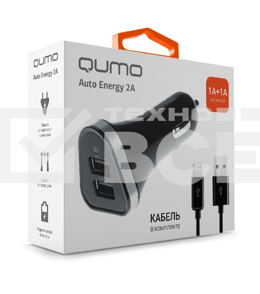 Автомобильное зарядное устройство QUMO 2A, 2 USB, 1A+1A черный, кабель Apple 8 pin в комплекте