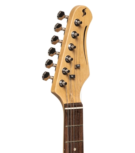 Электрогитара STAGG SES-30 3/4 BK 6-ти струнная, размер 3/4, корпус павловния, гриф клен, накладка палисандр, мензура 576 мм, 22 лада, звукосниматели 3х Single Coil, регуляторы 1x громкости, 2x тона, 5-ти поз. переключатель, цвет черный