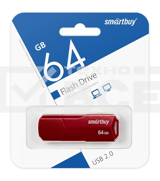 Флешка USB R/W 2.0 Smartbuy 64Gb CLUE Burgundy (SB64GbCLU-BG). 