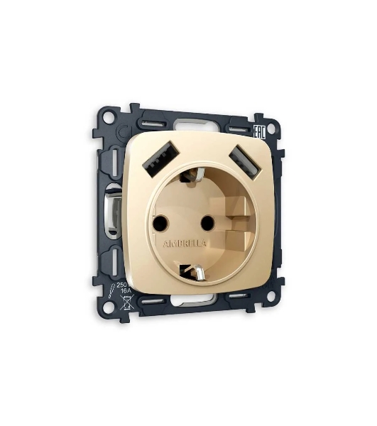 Комплект механизма электрической розетки OMEGA Шампань 2USB A+A 18W (быстрая зарядка) с/з QUANT (OP6090, VM155) MO609010