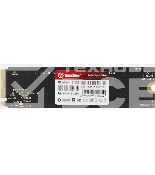 Накопитель SSD KingSpec NX-512, 512Gb, PCIe 3.0 x4, M.2 2280, NVMe, R/W 3400/3100